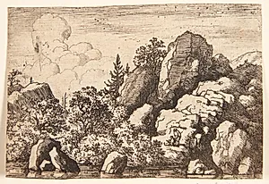 Landskab med en kirke på et bjerg by Allaert van Everdingen
