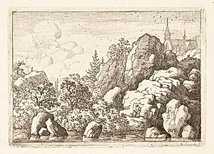 Landskab med en kirke på et bjerg by Allaert van Everdingen