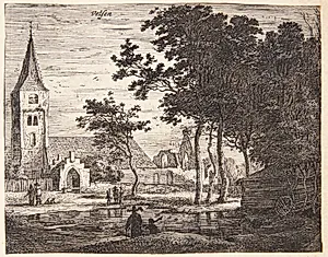 Landskab med en kirkeruin, Velsen by Roelant Roghman