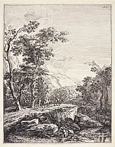Landskab med en kvinde ridende på et mulæsel. Aqua Negro mellem Bologna og Firenze by Jan Both