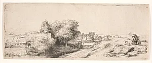 Landskab med en mand der bærer mælkespande by Rembrandt van Rijn