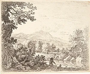 Landskab med en mand og en hund by Karel Du Jardin