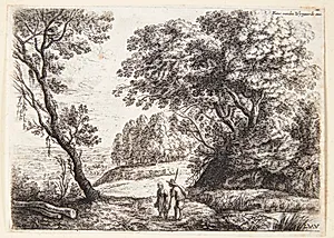 Landskab med en mand og kvinde i samtale by Lucas van Uden