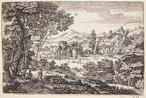 Landskab med en mand og to kvinder under et træ by Adriaen van der Kabel