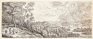 Landskab med en regnbyge, t.v. en hyrde og en kvinde i samtale, to børn og en hund by Lucas van Uden