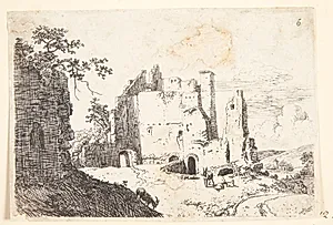 Landskab med en ruin og geder, t.h. en hyrde by Jan van Aken