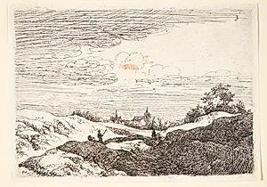 Landskab med en rytter på vej mod en by, t.v. en hyrde by Jan van Aken