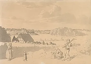 Landskab med en sø, omgivet af skov og marker, i forgrunden bønder, der leger med et lille barn by C.W. Eckersberg