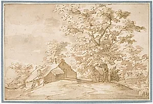 Landskab med en stor eg ved siden af bondehytter by Pieter Dircksz van Santvoort