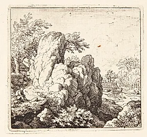 Landskab med en stor klippesten by Allaert van Everdingen