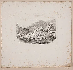 Landskab med en trækirke by Louis Gurlitt