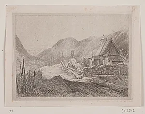 Landskab med en trækirke by Louis Gurlitt