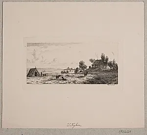 Landskab med et bondehus og en hytte by Vilhelm Kyhn
