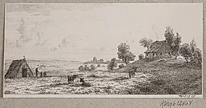 Landskab med et bondehus og en hytte by Vilhelm Kyhn