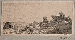 Landskab med et bondehus og en hytte by Vilhelm Kyhn