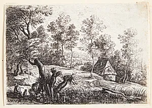 Landskab med et hus og en brønd, t.v. en fløjtespillende hyrde by Lucas van Uden