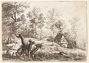 Landskab med et hus og en brønd, t.v. en fløjtespillende hyrde by Lucas van Uden