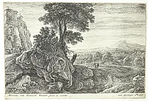 Landskab med et hus på en klippe by Herman van Swanevelt
