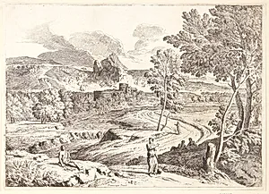 Landskab med et lille vandfald, i forgrunden en siddende mand og en gående kvinde by Théodore