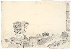 Landskab med et par oliventræer. I forgrunden antik ruin med søjlekapitæl by L.A. Ring