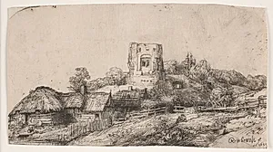 Landskab med et tårn by Rembrandt van Rijn