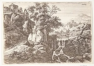 Landskab med et vandfald, i baggrunden en bebyggelse by Anthonie Waterloo