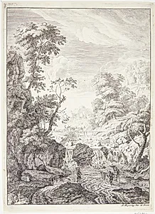 Landskab med et vandfald og to fiskere med net by Albert Meyering