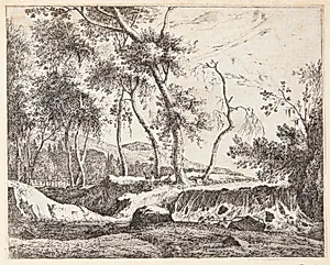 Landskab med et vandfald by Roelant Roghman