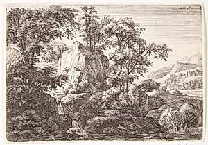 Landskab med et vandfald by Anthonie Waterloo