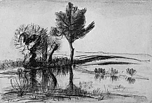 Landskab med et vandhul og tre træer by Jean Frélaut
