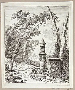 Landskab med figurer, der gør holdt ved et gravmonument by Albert Meyering