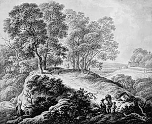 Landskab med figurer og vej mellem høje træer by Johann Christian Klengel