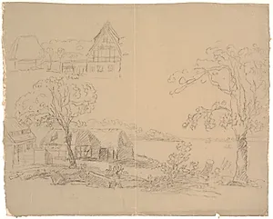 Landskab med gård ved en sø. F.o.t.v. en gård by C.A. Lorentzen