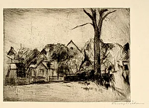 Landskab med højt træ og huse by Henry Nielsen