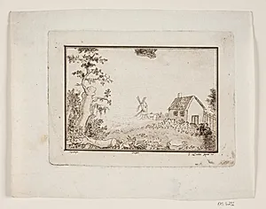 Landskab med hus og mølle by Gerhard Ludvig Lahde