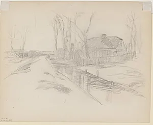 Landskab med hus by Albert Gottschalk