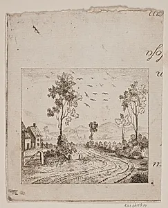 Landskab med hus ved vej med træ og flyvende fugle by Gerhard Ludvig Lahde