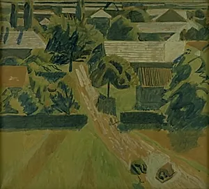Landskab med huse og en vej, hvor to mennesker ligger næsegrus by Niels Larsen Stevns