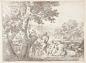 Landskab med hyrder og en hund by Franciscus de Neve