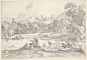 Landskab med hyrder og kvinder, der vasker tøj i en flod by Franciscus de Neve