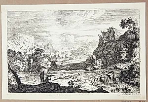 Landskab med hyrder ved et vandfald by Albert Meyering