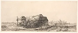 Landskab med hytte og kornhjælm by Rembrandt van Rijn