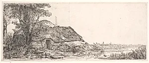 Landskab med hytte og stort træ by Rembrandt van Rijn