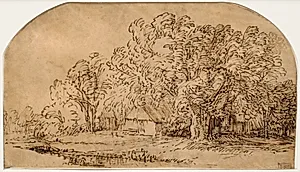 Landskab med hytter under store træer. "Vindpustet" by Rembrandt van Rijn
