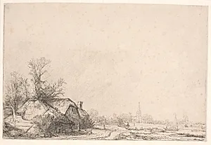 Landskab med hytter ved en kanal by Rembrandt van Rijn