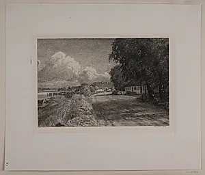 Landskab med indsø. Huse by Axel Holm