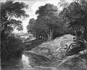 Landskab med jæger og hjorte by Lodewijk de Vadder