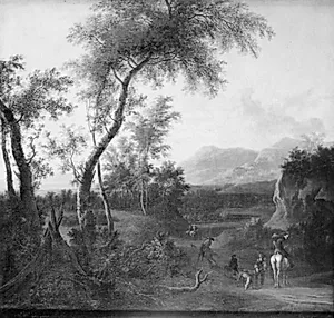Landskab med jægere by Frederik de Moucheron