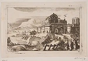 Landskab med Jesus og to apostle foran en byport by Hans Jørgen Kirksteen