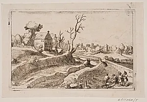 Landskab med kapel med et lille kors på gavlen by H. Rosenkilde